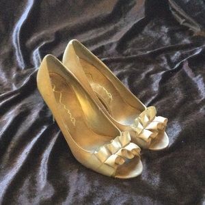Nina Gold Peep-Toe Stilettos